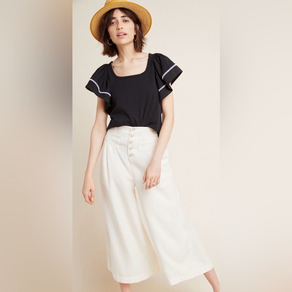 Anthropologie Square Neck Sherman Black Top with White Embroidery EUC Size M